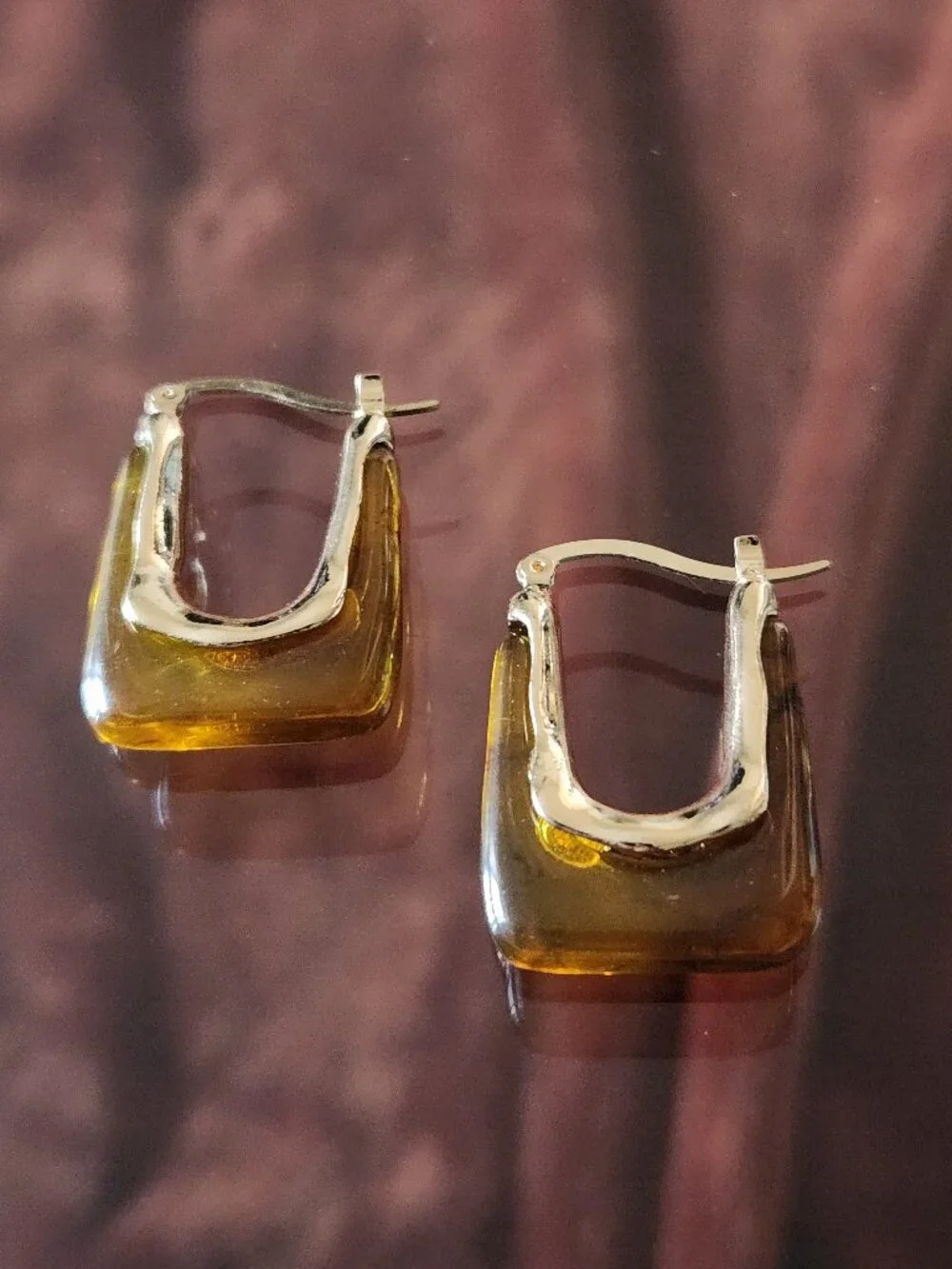 Retro Chunky Resin & Gold Rectangle U-Hoop Earrings in Brown.